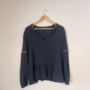 Tory Burch Silk Black Long Sleeve Peplum Bejeweled V-Neck Blouse, sz. 14